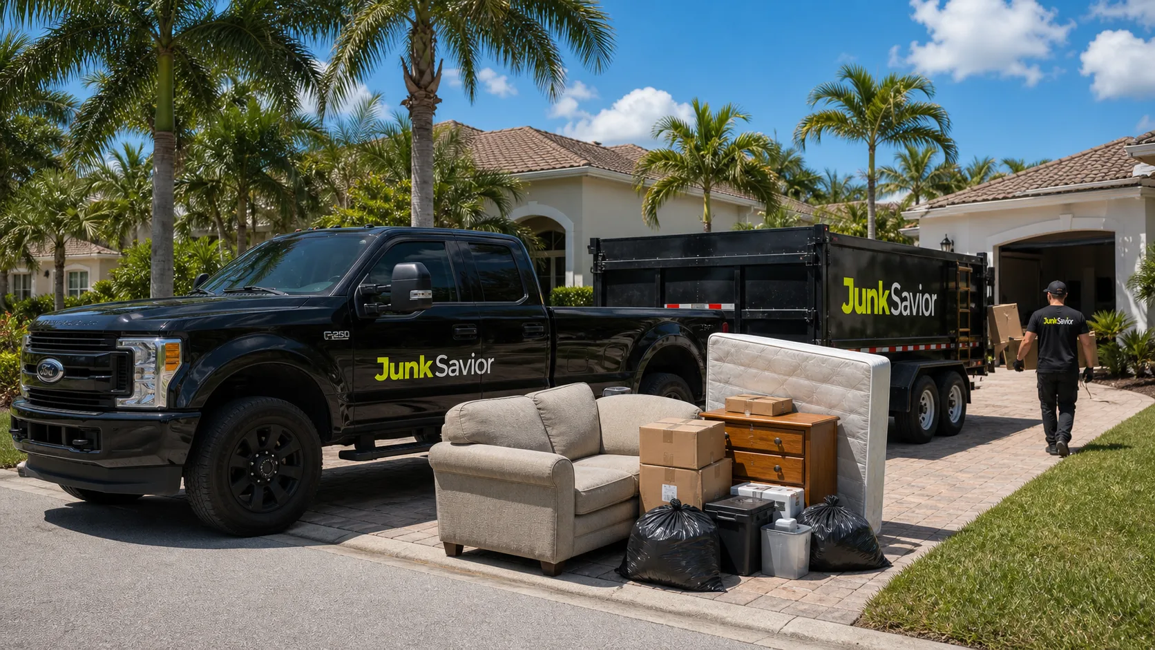 Junk Savior pickup truck, dump trailer, and staged household junk outside a Florida home