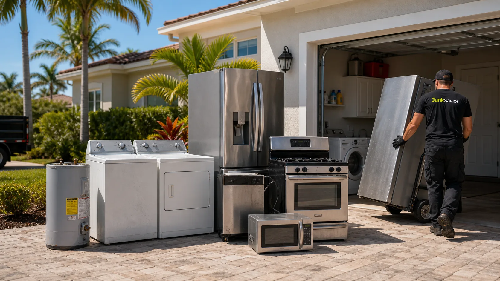 Old refrigerator, washer, dryer, stove, and other appliances staged for removal at a Manatee County home