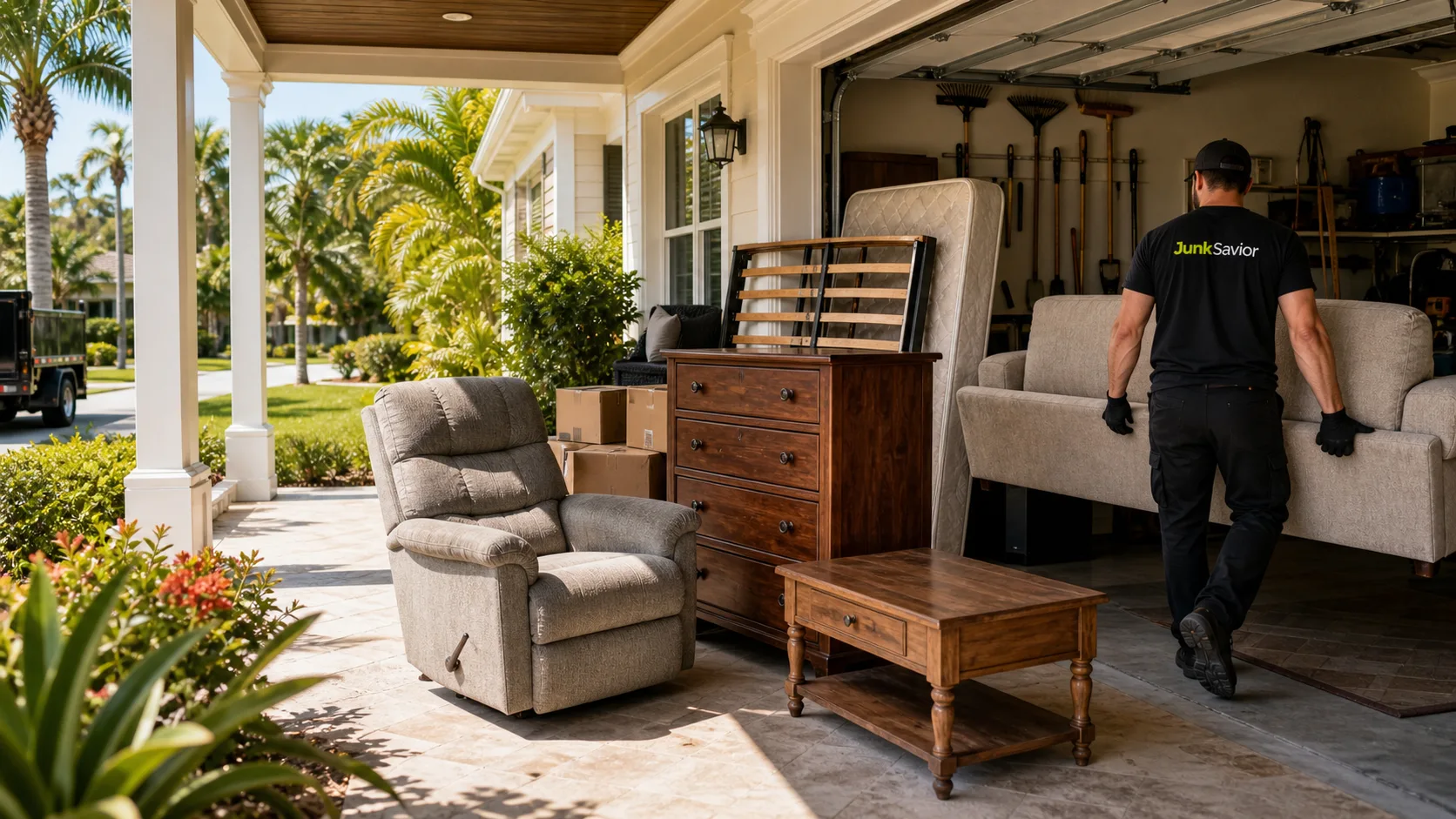 Old furniture staged near a Sarasota County garage while a Junk Savior crew member carries a couch