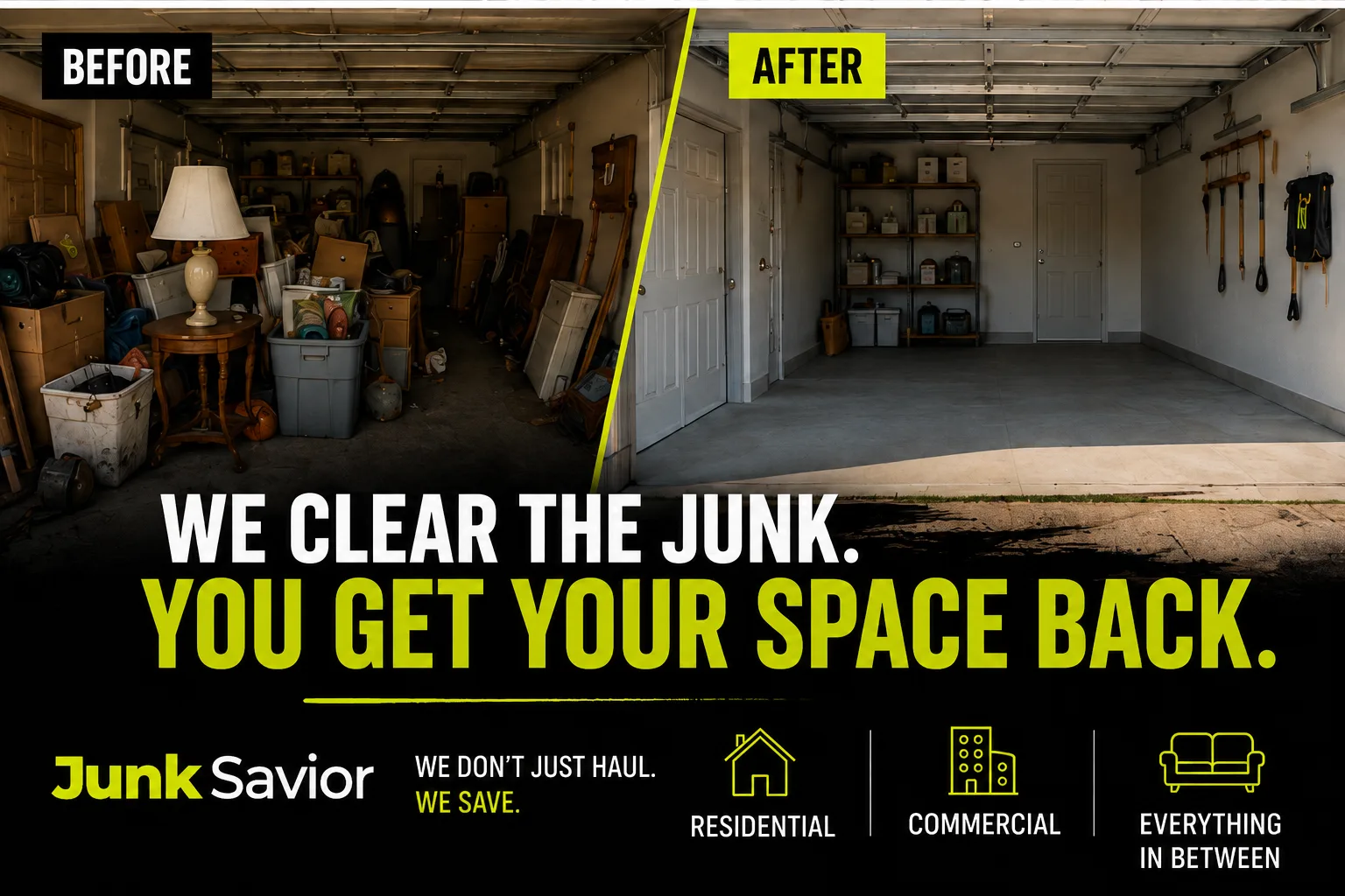 Before and after garage cleanout by Junk Savior