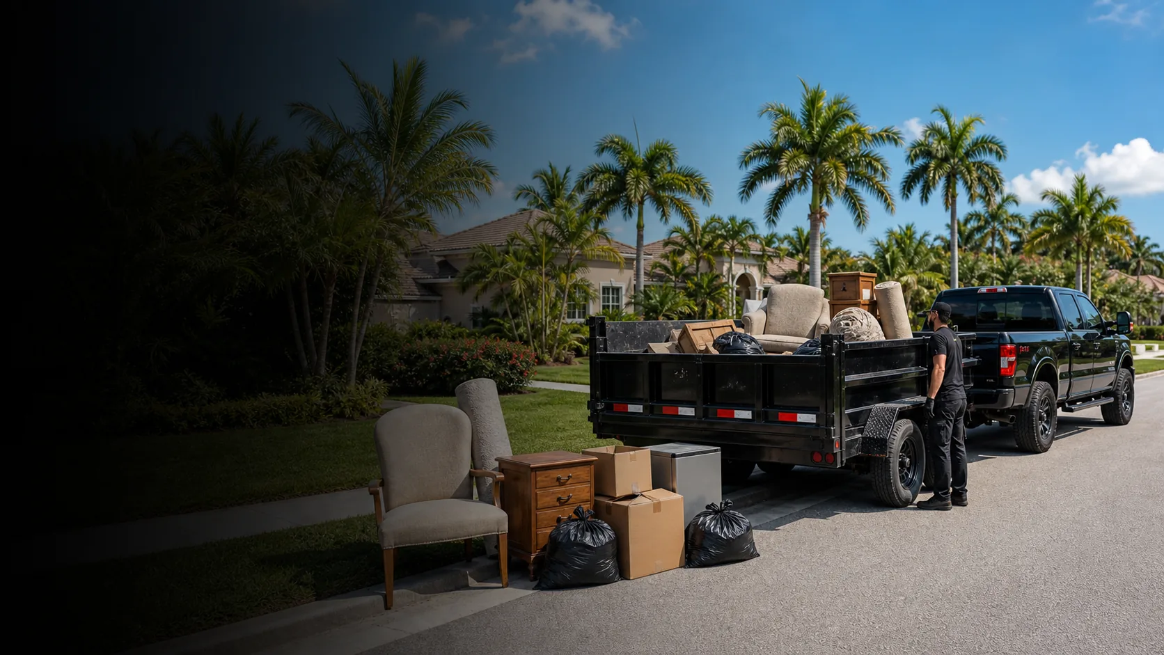 Bulk trash pickup with a Junk Savior-style pickup and dump trailer in a Florida neighborhood