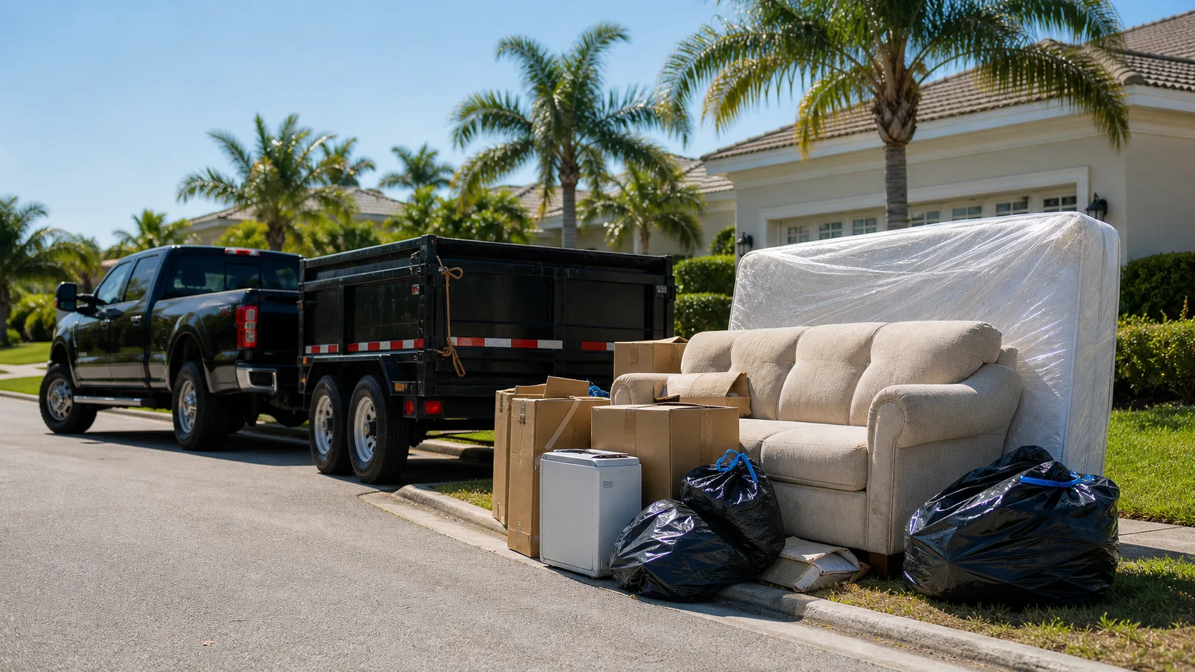 Curbside junk pickup with a pickup truck and dump trailer in a Florida neighborhood