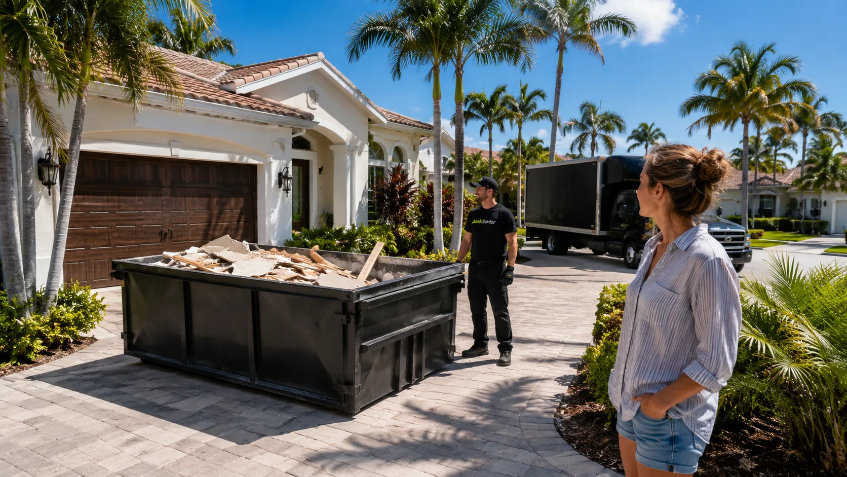 Dumpster rental and junk removal setup at a Florida home with palm trees